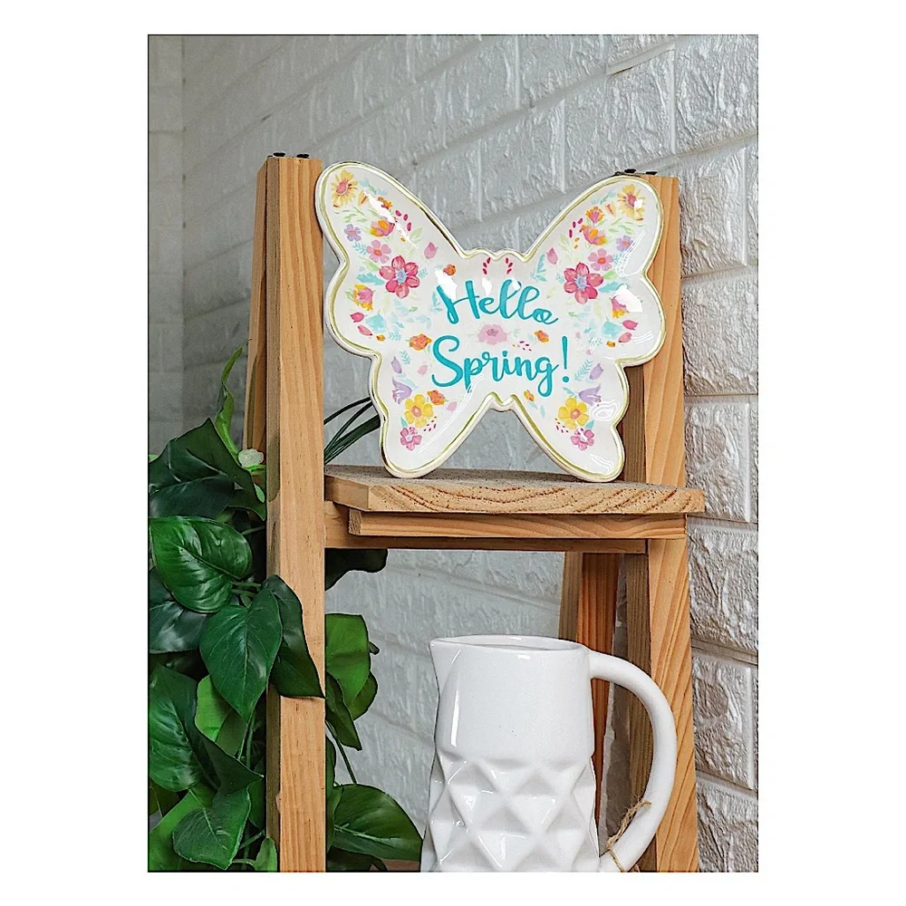🆕 Pioneer Woman Ceramic Butterfly Spring Floral Plate Decor w/ Gold Trim